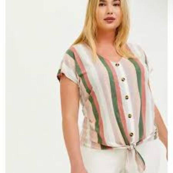 TORRID MULTI PINK GREEN STRIPE JERSEY TIE FRONT WOMEN PLUS SIZE BLOUSE 4 OR 4X - Picture 1 of 6